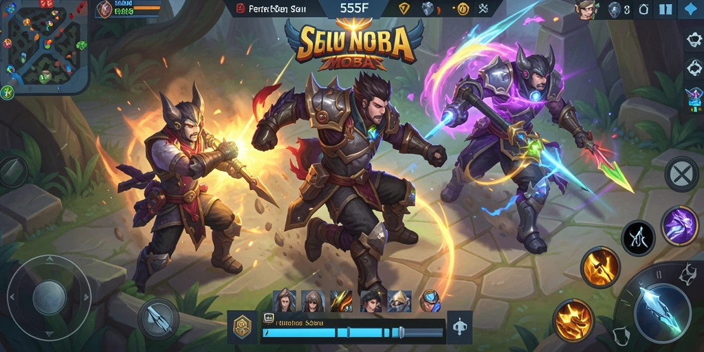 Screenshot utama 555F menampilkan aksi seru dalam pertarungan MOBA.