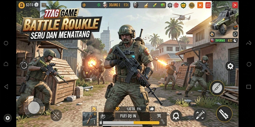 Screenshot utama 77AG menampilkan aksi seru dalam pertempuran Battle Royale.