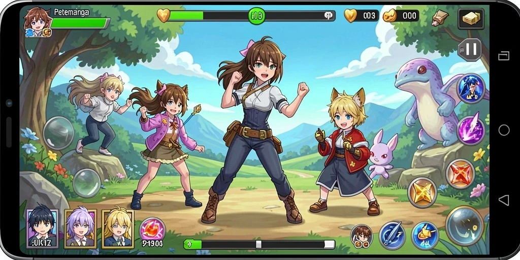 Tangkapan layar dari gameplay seru di H03 dengan karakter anime klasik.