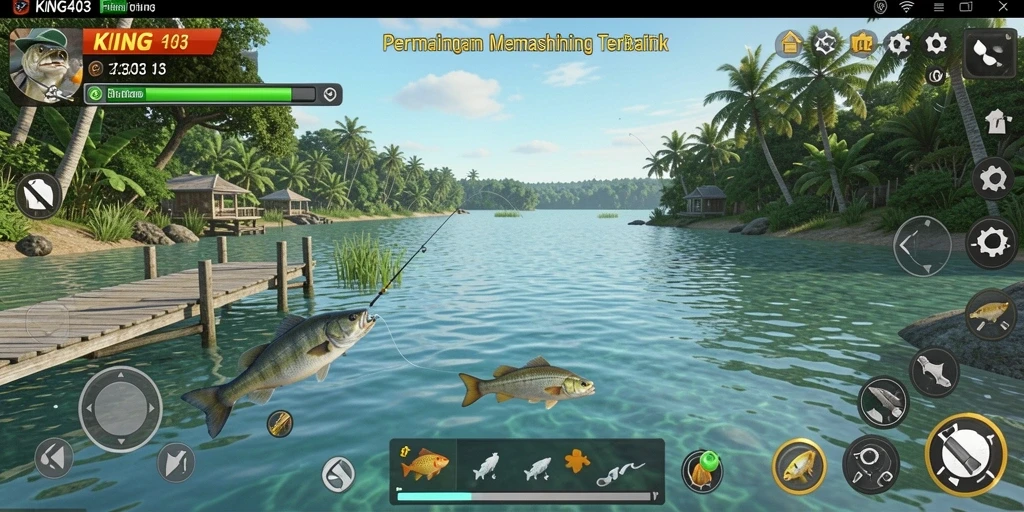 Tampilan gameplay <strong>KING403</strong> yang menakjubkan saat memancing di danau.