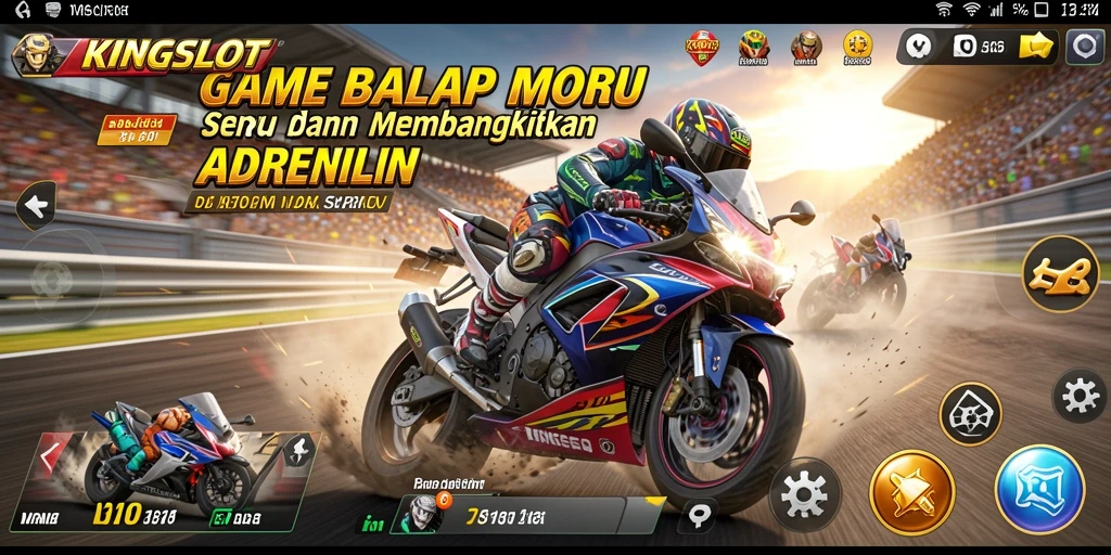 Screenshot gameplay KINGSLOT menampilkan aksi balapan motor yang seru.