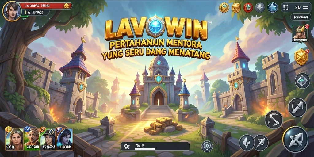 Screenshot gameplay LAVOWIN dengan menara pertahanan yang menantang.