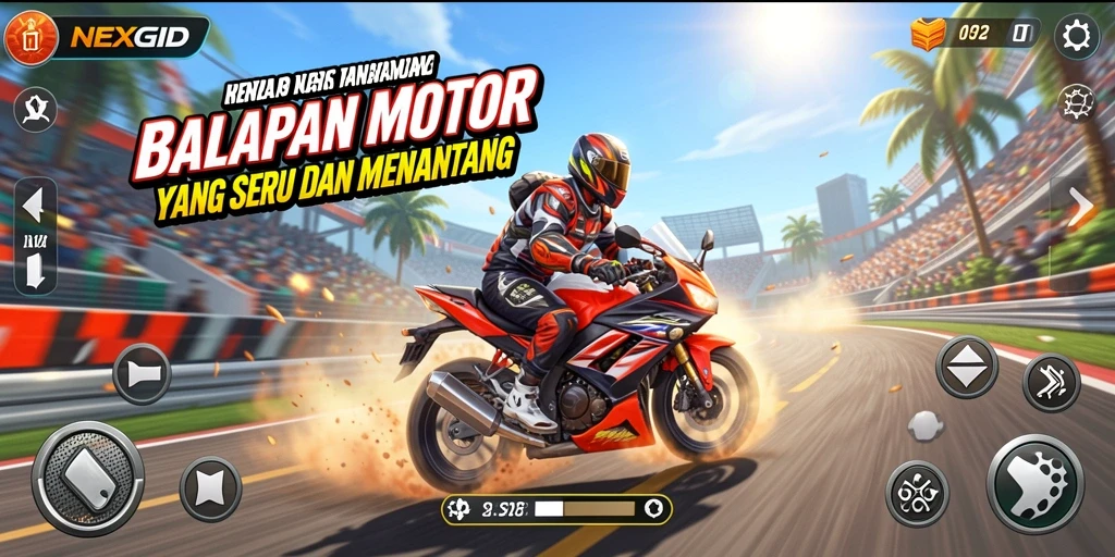 Gameplay seru NEXGID dengan balapan motor yang mendebarkan.