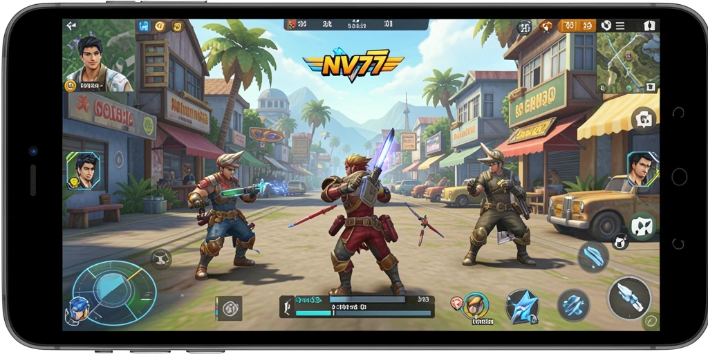 Screenshot utama NV77 menunjukkan gameplay yang ceria dan menarik.