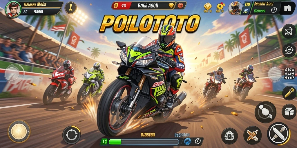 Menampilkan gameplay balapan motor yang menantang dan menyenangkan.
