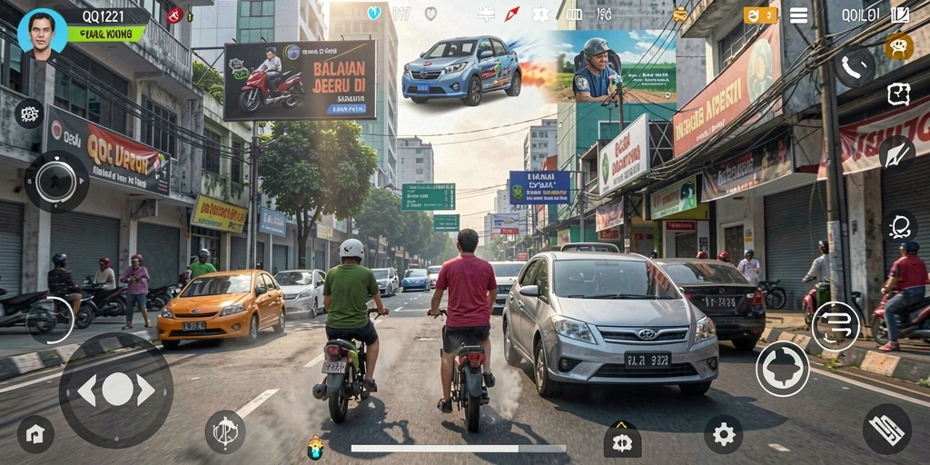 Screenshot utama gameplay <strong>QQ1221</strong> yang menampilkan balapan intens di jalanan kota.