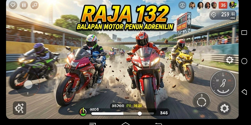 Tampilan gameplay menegangkan dari RAJA132 saat balapan motor.
