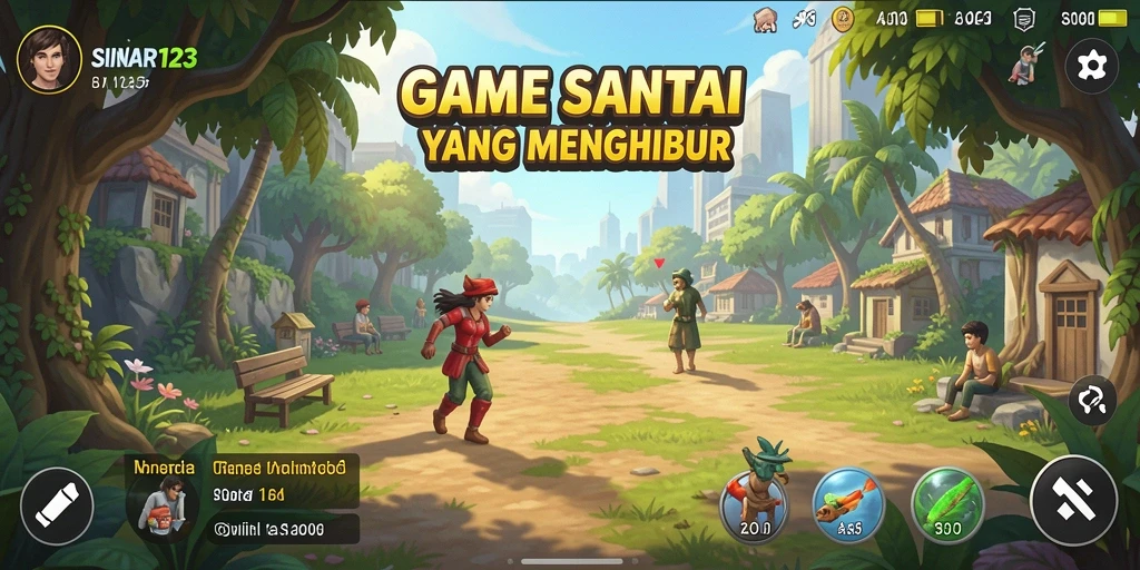 Screenshot menampilkan gameplay santai SINAR123 dengan karakter ceria.
